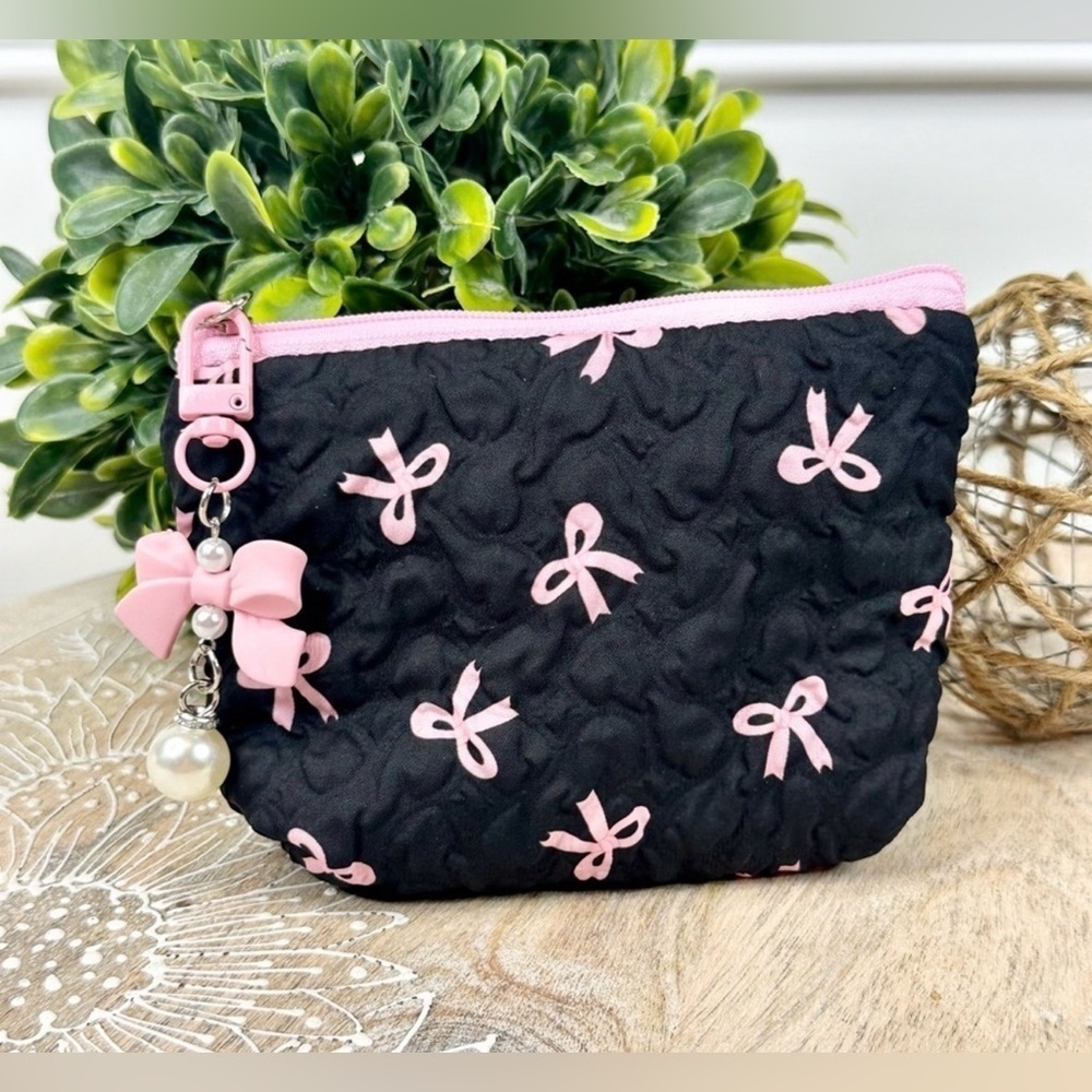 Charming Black Quilted Pouch with Pink Bows